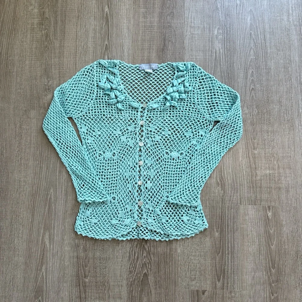 Modern Soul Linen Cotton Blend Crochet Light Blue Button Front Cardigan Size XS - Picture 2 of 11